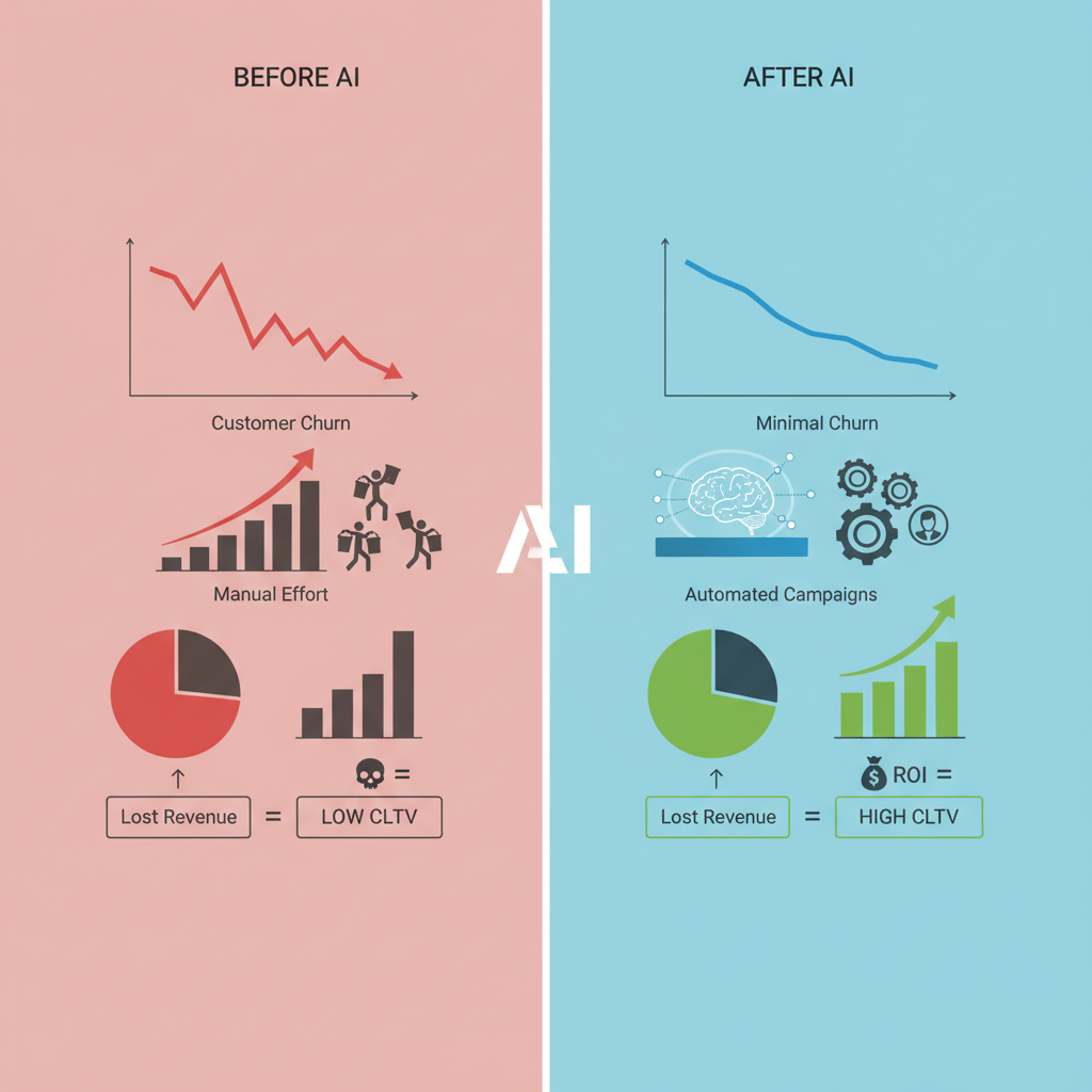 AI 도입 전후의 고객 이탈률과 수익성을 비교하여 AI 기반 리텐션 시스템의 높은 ROI를 보여주는 비즈니스 대시보드