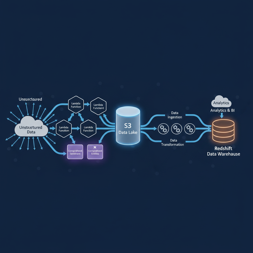 AWS 기반 AI 비정형 데이터 파이프라인 아키텍처 다이어그램: S3, Lambda, Comprehend, Redshift 서비스 구성