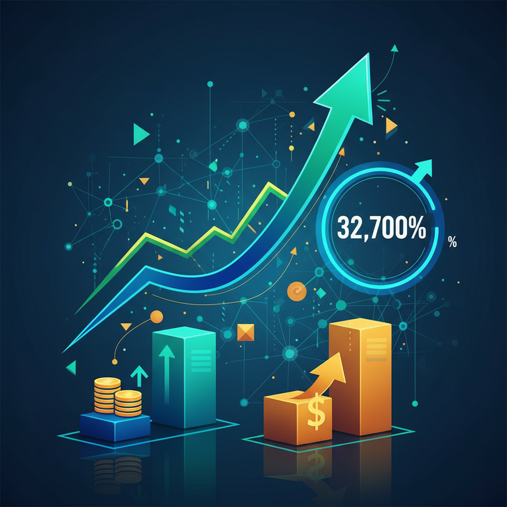 AI 자동화 투자 대비 수익률(ROI)을 보여주는 그래픽 차트: 32,700% ROI 달성 수치 강조