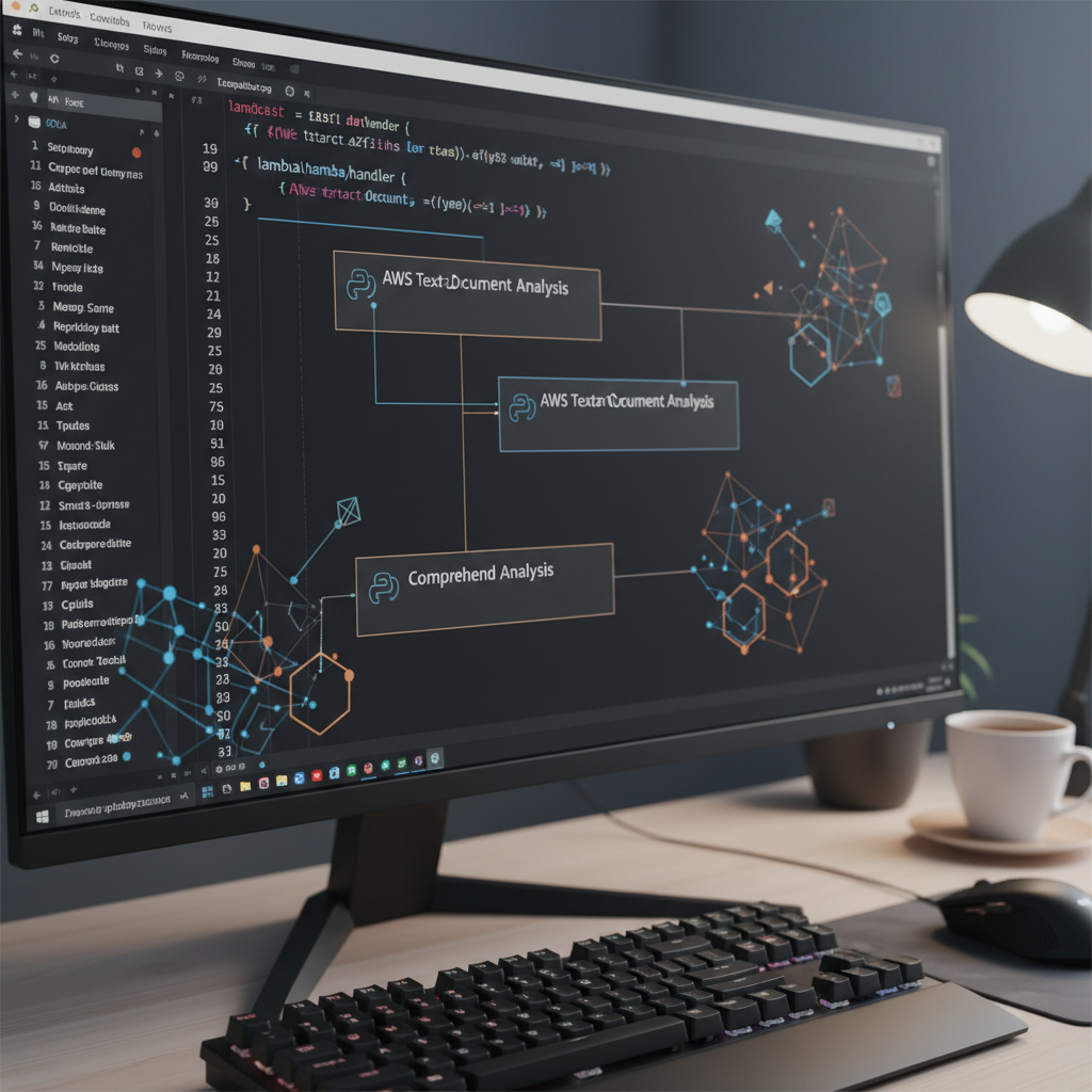 AWS Lambda 함수에서 Textract 및 Comprehend를 호출하는 Python 코드 예시가 담긴 코드 에디터 화면