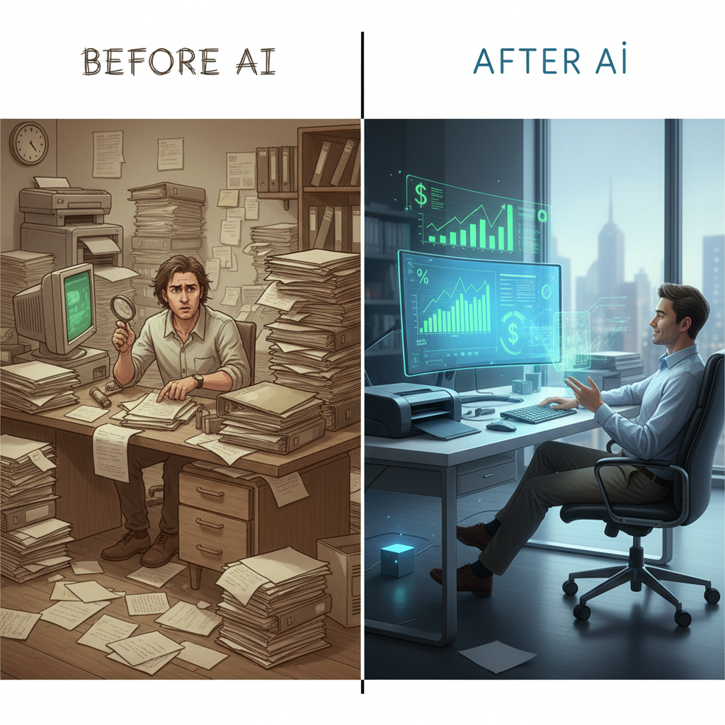 AI 도입 전 수동 문서 처리의 비효율성과 AI 도입 후 자동화된 문서 처리의 높은 효율성 및 비용 절감을 대비하는 이미지