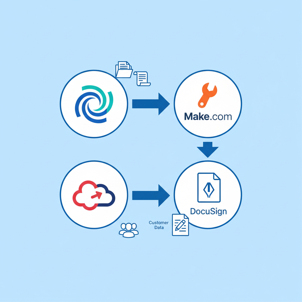 AI 기반 영업 문서 자동화 시스템의 핵심 도구(OpenAI, Make, HubSpot, DocuSign) 통합 인포그래픽