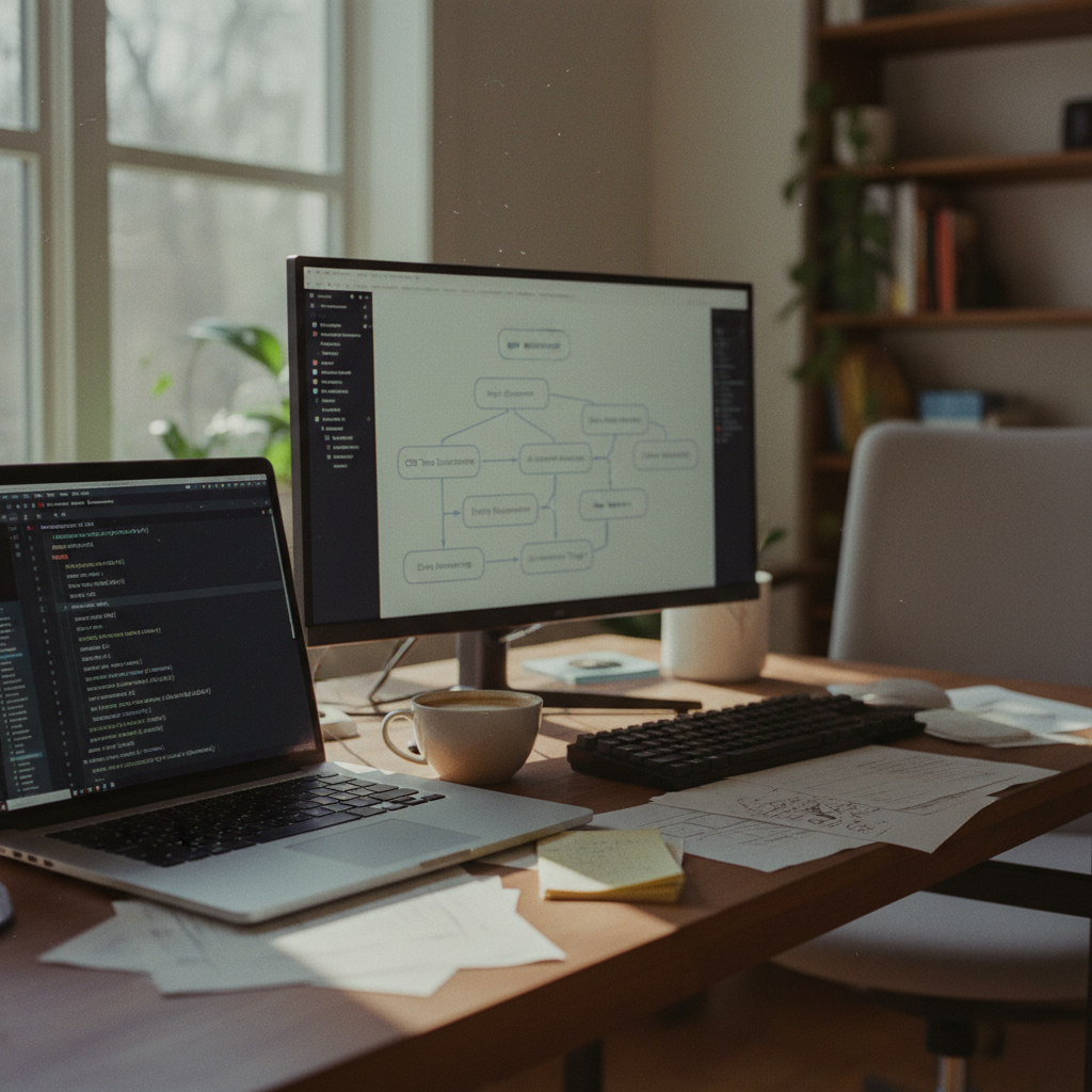 개발자의 책상에 AI 문서 처리 API 코드를 표시하는 노트북