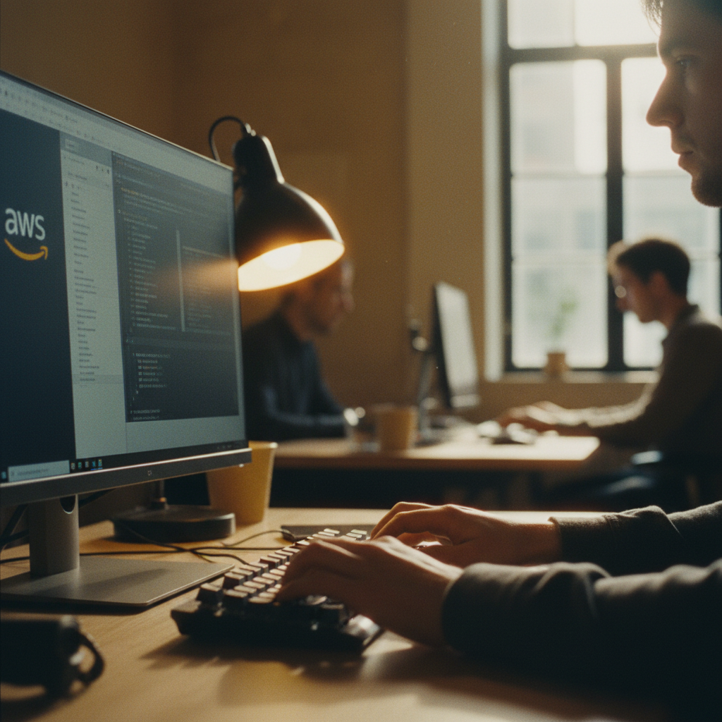 AWS Lambda 코드를 작성하는 개발자의 손과 키보드