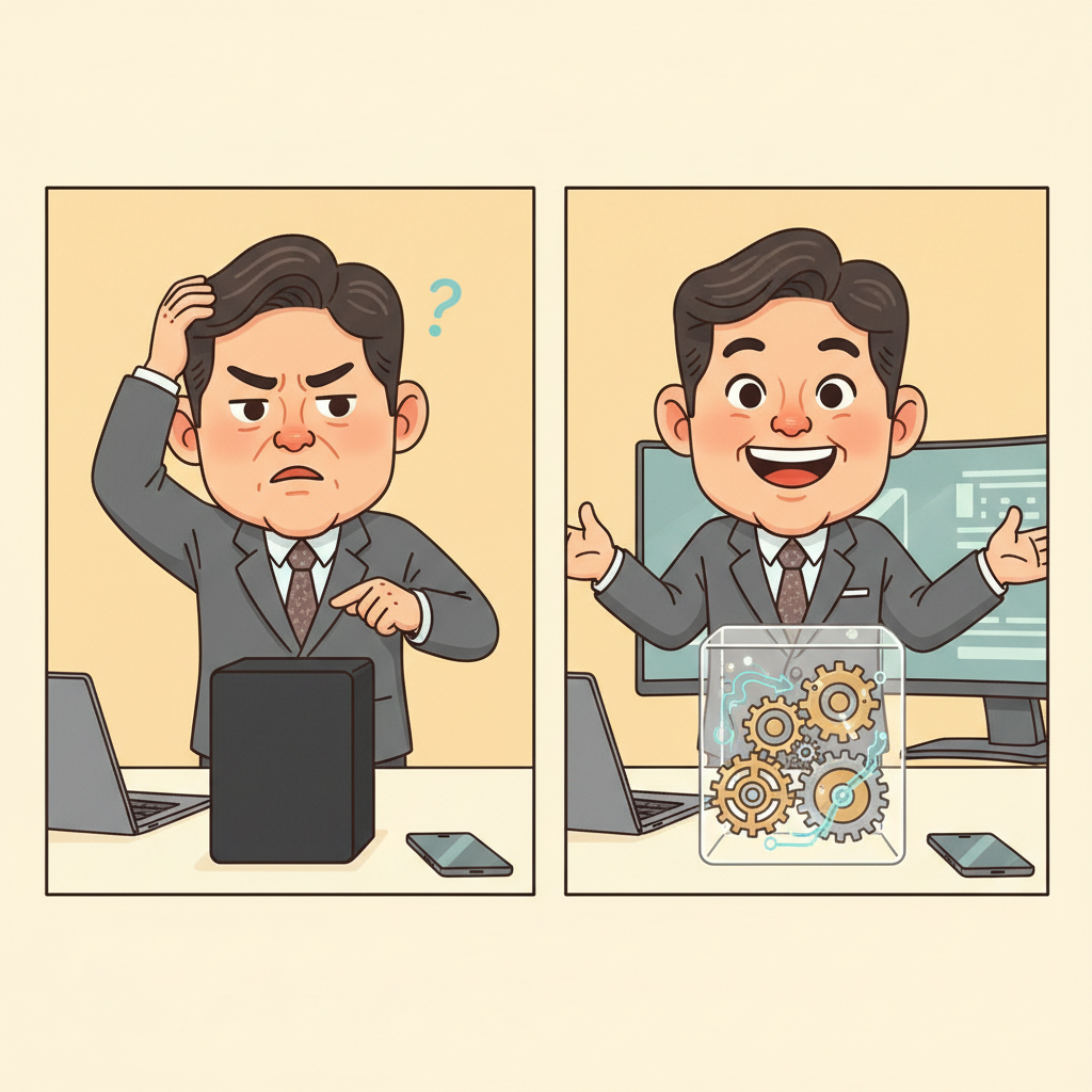 불투명한 AI 블랙박스가 투명해지며 내부 작동 원리를 이해하고 만족하는 한국인 남성의 캐리커처