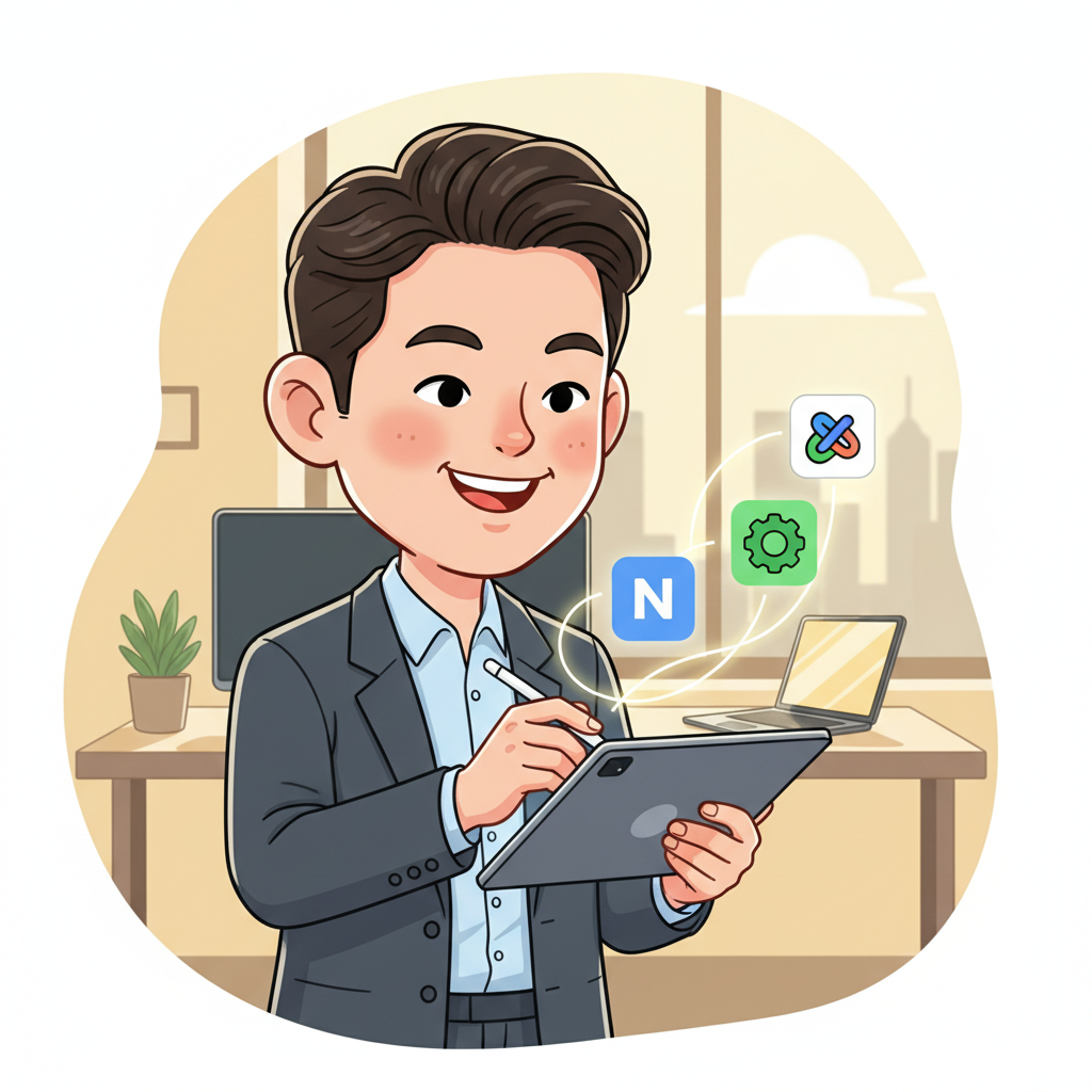 Notion AI와 Make를 활용하여 앱을 연결하는 한국인 비즈니스 전문가 캐리커쳐