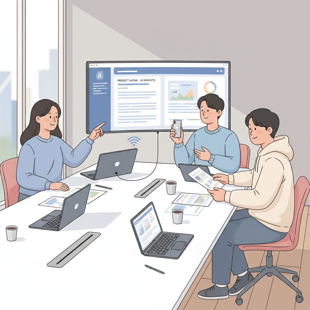 Notion AI 요약 자료를 보며 협업하는 한국인 팀원들