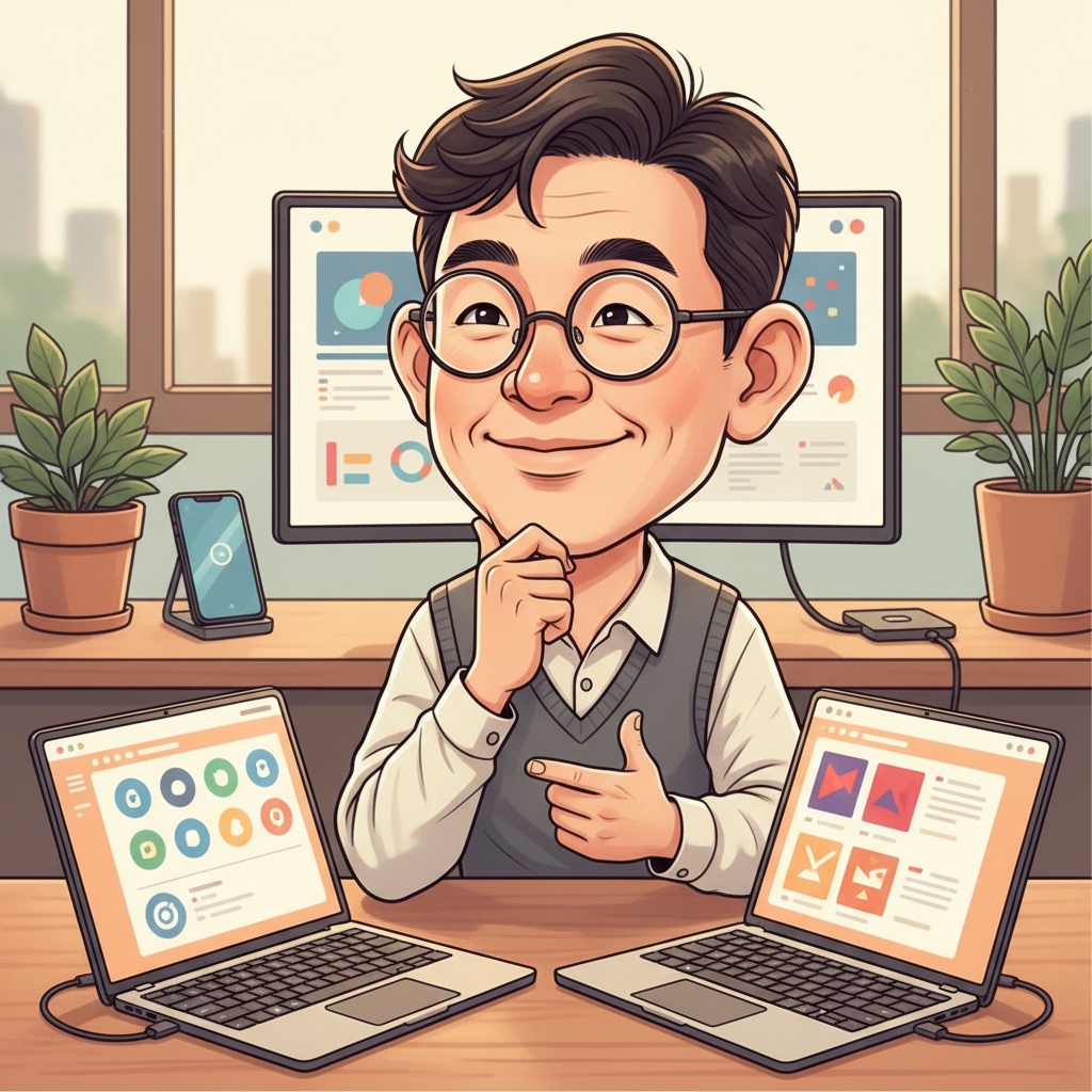 두 대의 최신 노트북에서 AI 자동화 플랫폼을 비교하는 한국인 IT 관리자의 캐리커처