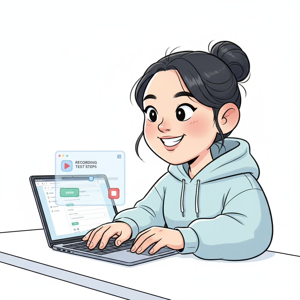 Testim으로 웹 앱 테스트를 녹화하는 개발자 캐리커처
