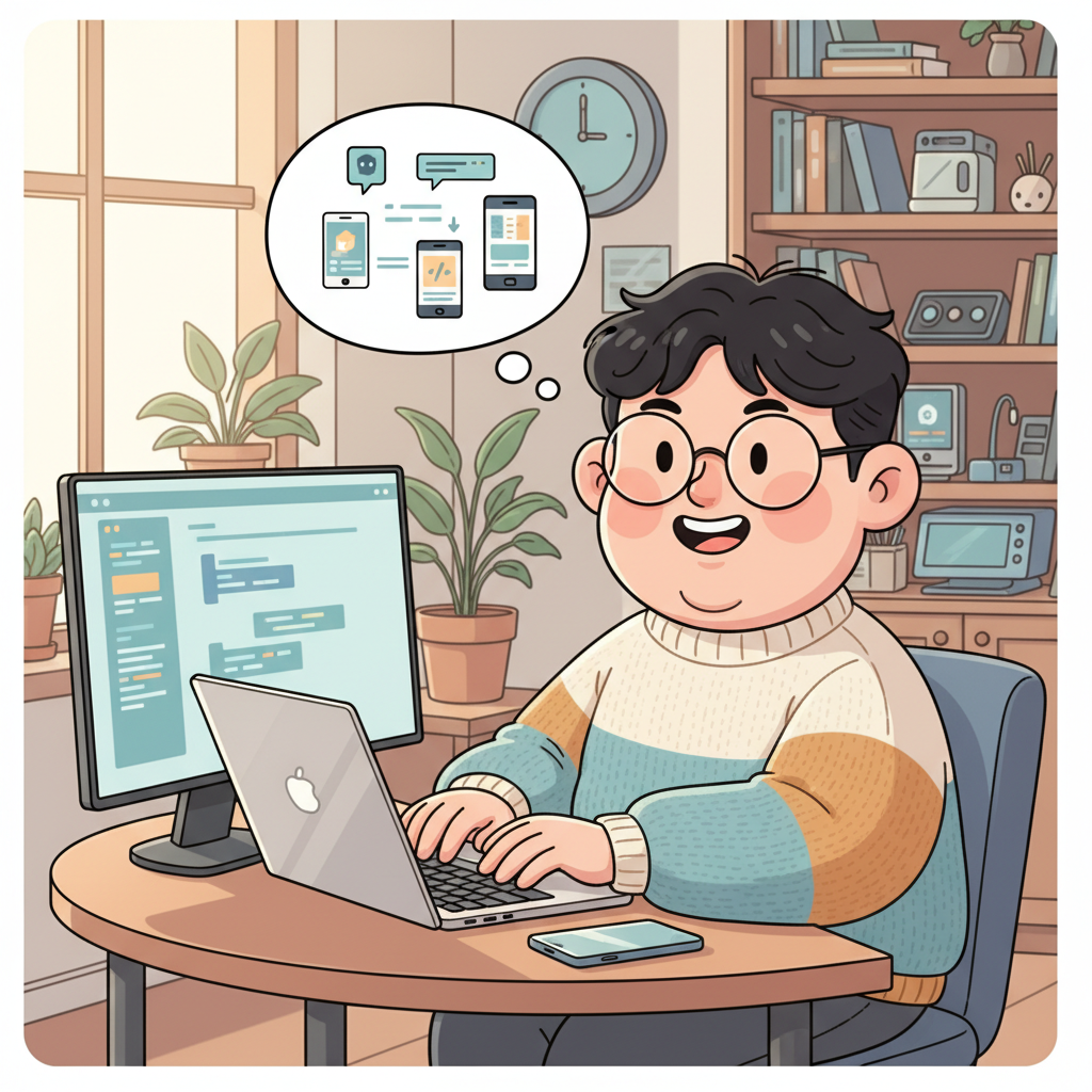 AI와 함께 앱을 개발하는 한국인 남성의 친근한 캐리커처