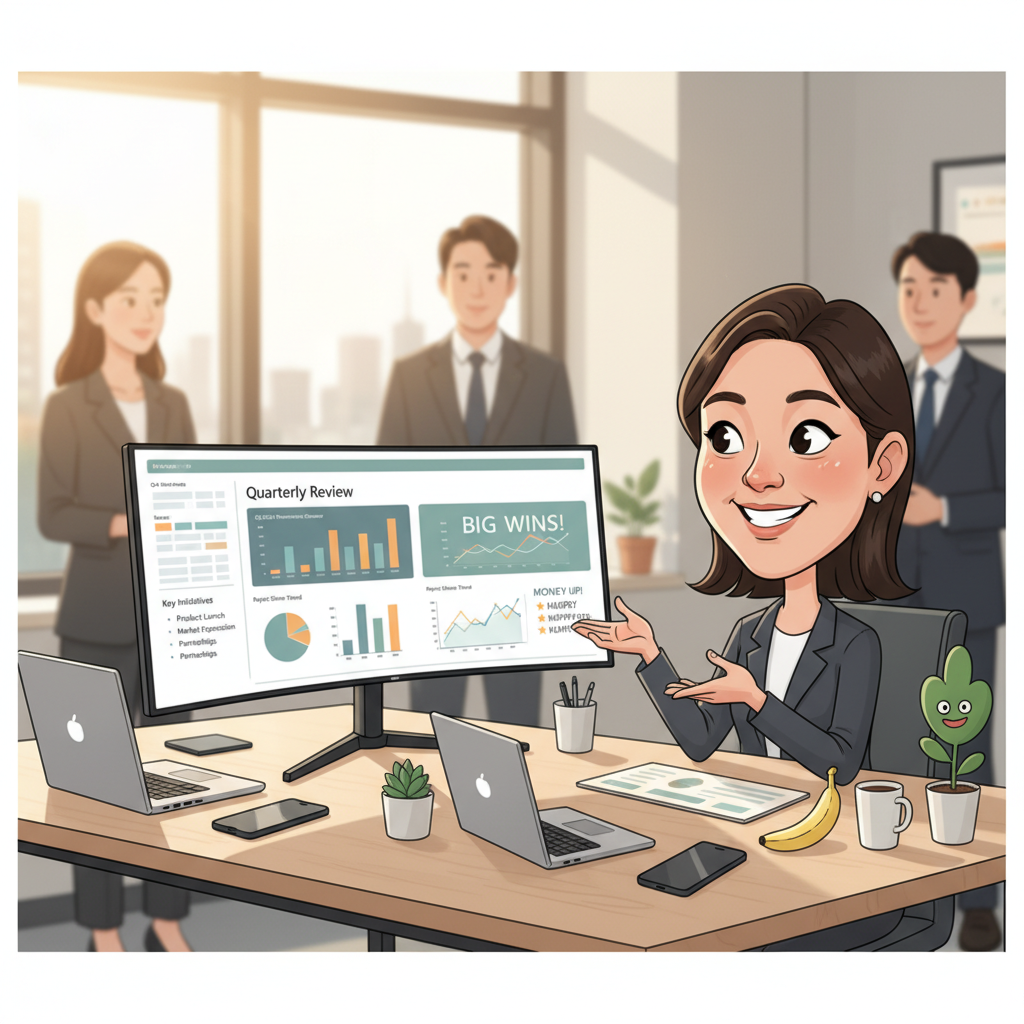 AI로 자동 생성된 구조화된 비즈니스 보고서가 표시된 최신 모니터 화면