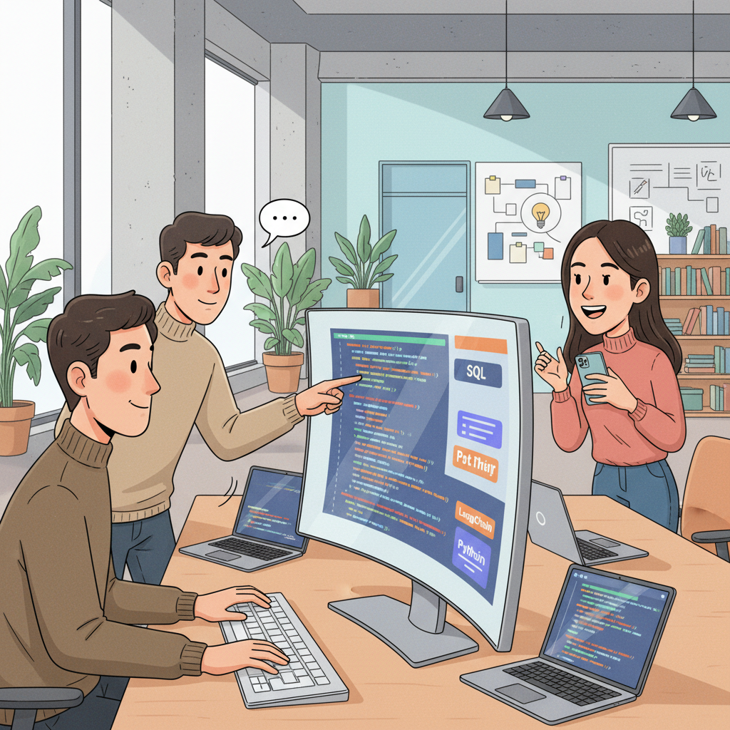 SQL 코드와 LangChain 스크립트를 보며 협업하는 한국인 개발팀