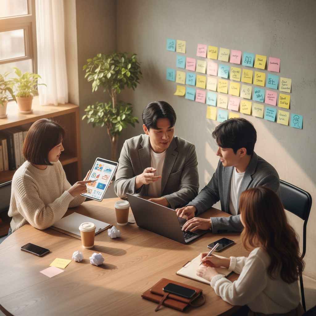 한국인 마케팅 팀이 포스트잇이 가득한 벽 앞에서 AI 기반 콘텐츠 아이디어를 브레인스토밍하는 모습