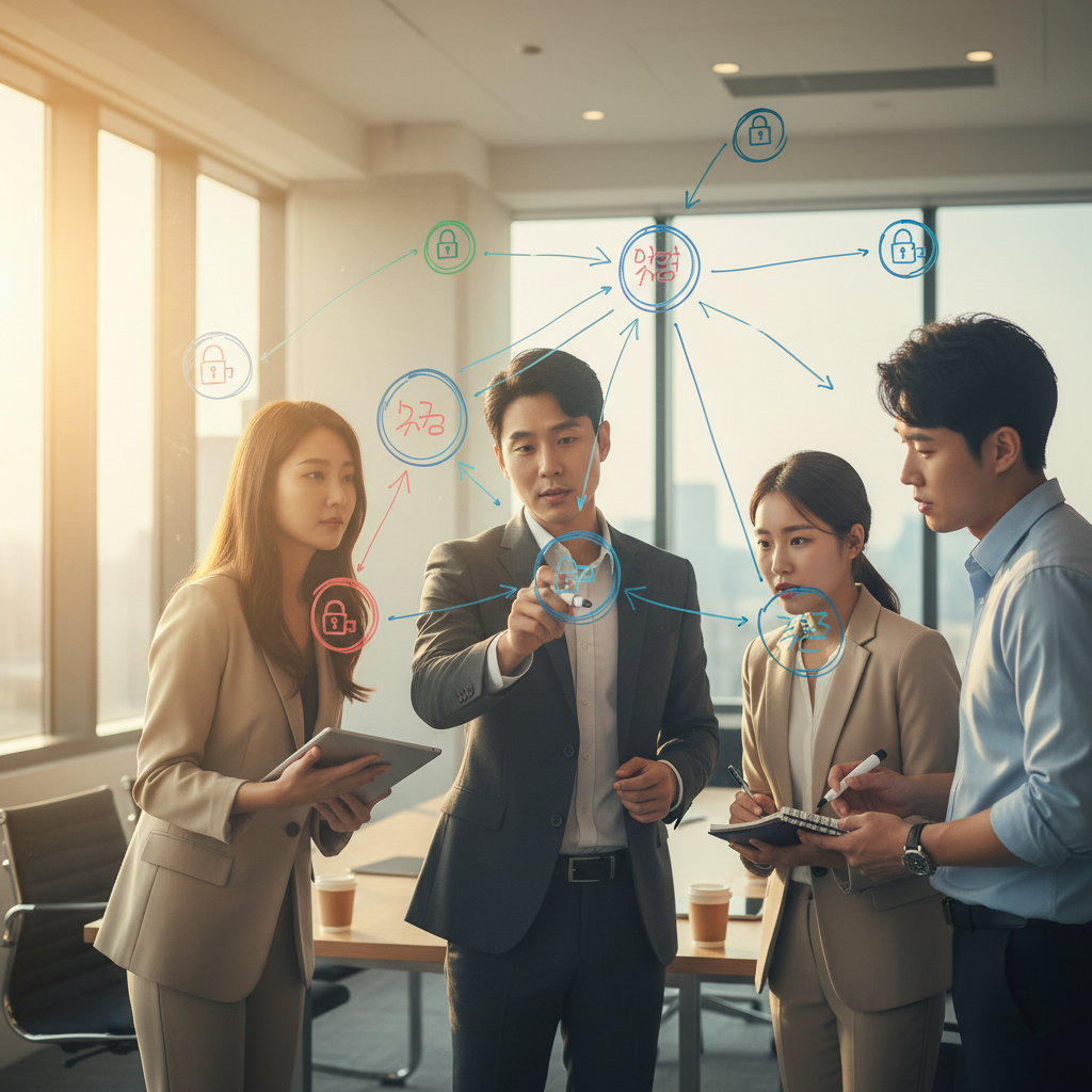 한국인 비즈니스 전문가들이 투명 화이트보드에 그려진 연합 학습 다이어그램을 토론하는 모습