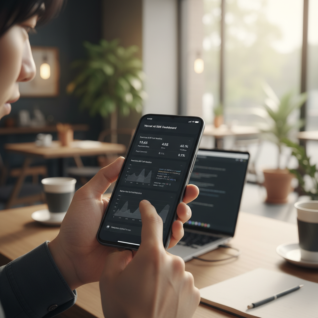 Vercel AI SDK 대시보드와 코드 스니펫이 보이는 스마트폰 화면을 조작하는 한국인 개발자
