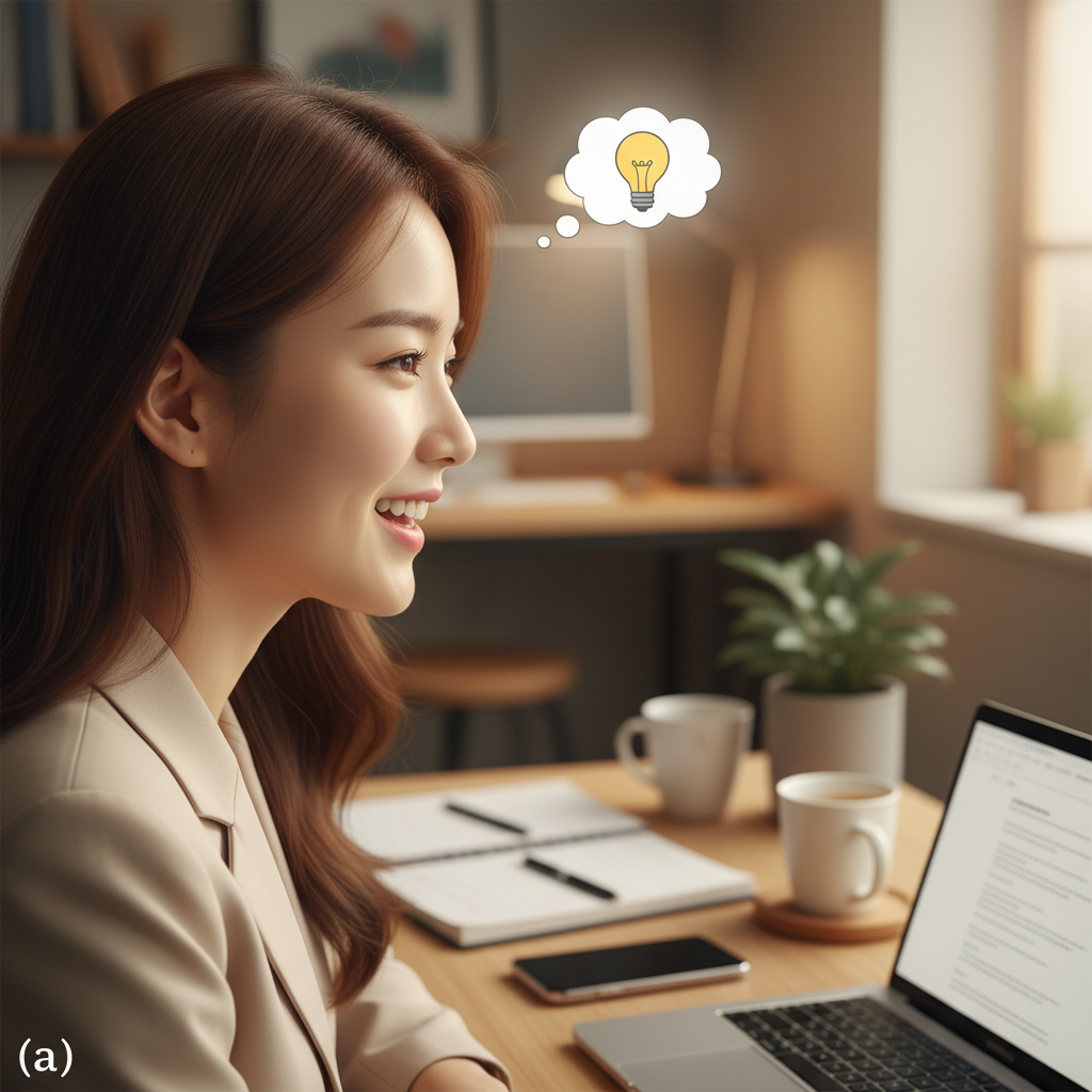 한국인 직원이 AI 자동화 시스템을 통해 문제 해결의 '유레카' 순간을 맞이하며 만족스러운 표정을 짓는 모습