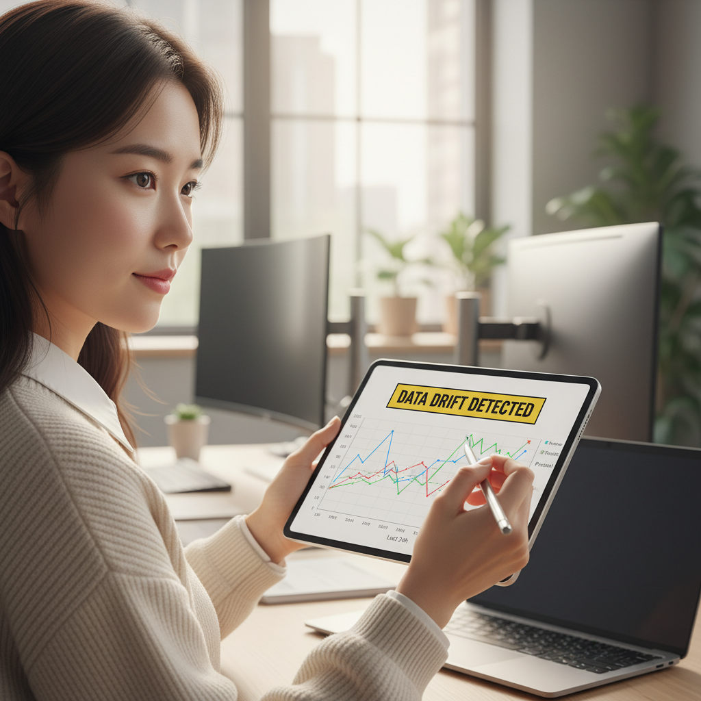 AI 모델 성능 저하 알림이 뜬 태블릿을 들고 있는 한국인 데이터 분석가
