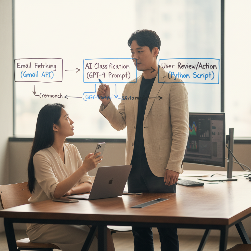 투명 화이트보드에 그려진 AI 이메일 자동화 시스템의 단계별 다이어그램. 한국인 남성이 다이어그램을 설명하고 있다.