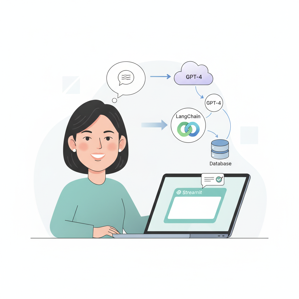 사용자의 자연어 질문이 Streamlit, LangChain, GPT-4를 거쳐 데이터베이스에서 데이터를 추출하고 다시 사용자에게 응답하는 AI 데이터 분석 챗봇 아키텍처 다이어그램