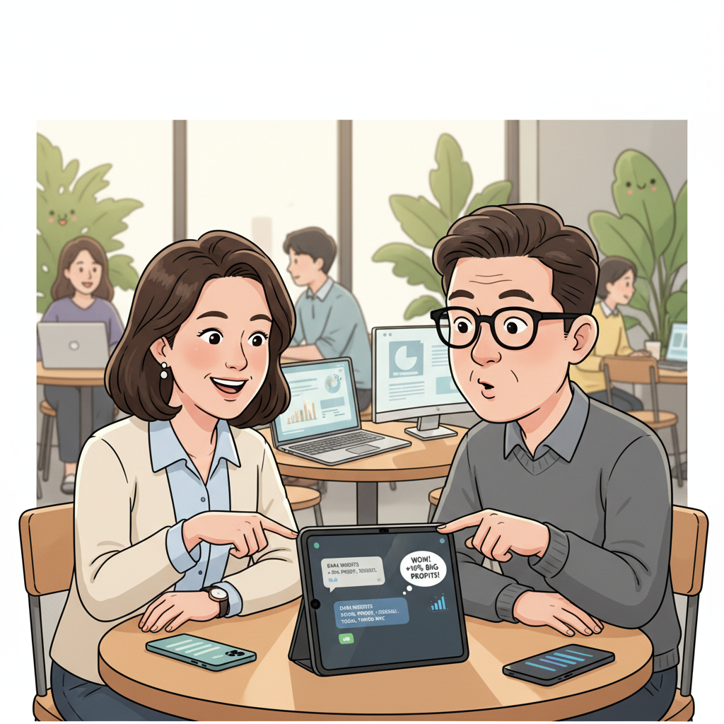 한국인 비즈니스 매니저 여성이 카페에서 2026년형 태블릿에 표시된 Streamlit 기반 AI 챗봇의 데이터 분석 결과를 동료에게 설명하며 미소 짓는 모습