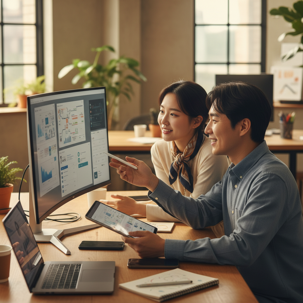 한국인 UI/UX 디자이너 두 명이 AI 생성 와이어프레임을 보며 브레인스토밍하는 모습