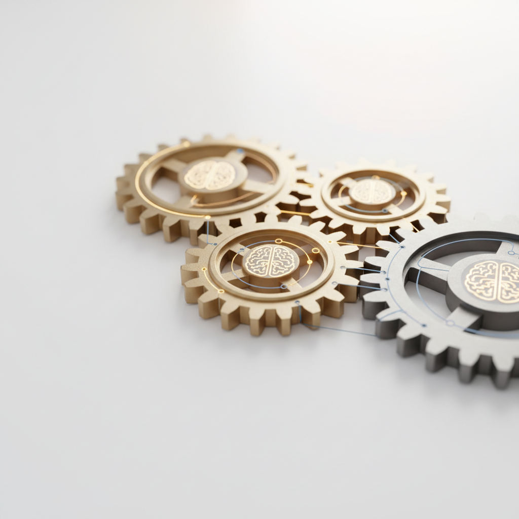 AI와 자동화된 워크플로우 통합을 상징하는 연결된 기어와 디지털 라인, AI 아이콘의 추상적 이미지