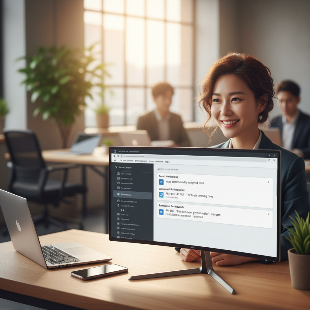 AI가 자동으로 요약하고 할당한 GitHub 이슈/PR 알림이 가득한 대시보드를 보며 미소 짓는 한국인 개발자