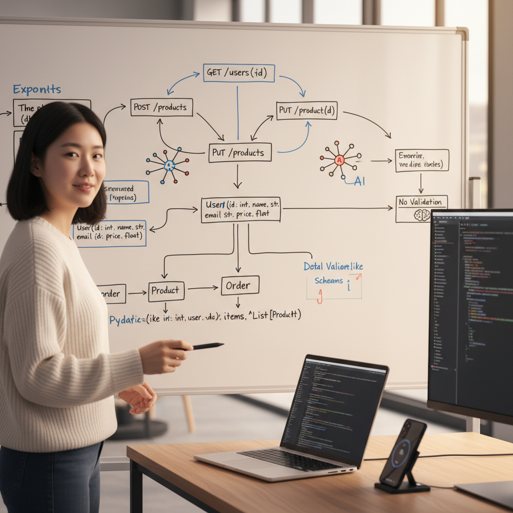 화이트보드에 그려진 API 엔드포인트 다이어그램과 데이터 모델, AI 관련 상징들이 결합된 모습