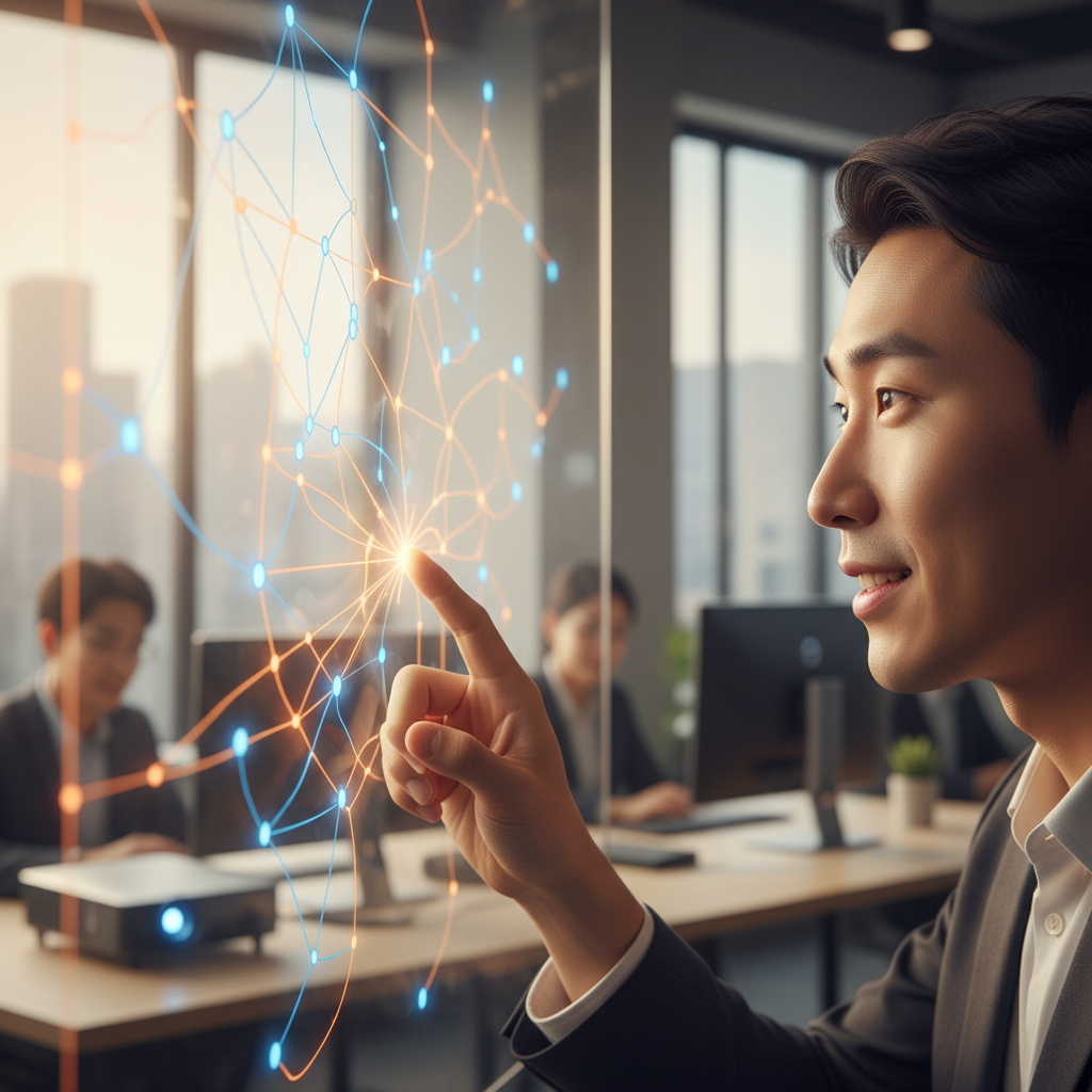 AI 모델 경량화를 상징하는 간소화된 신경망 다이어그램을 유리판에 설명하는 한국인 엔지니어