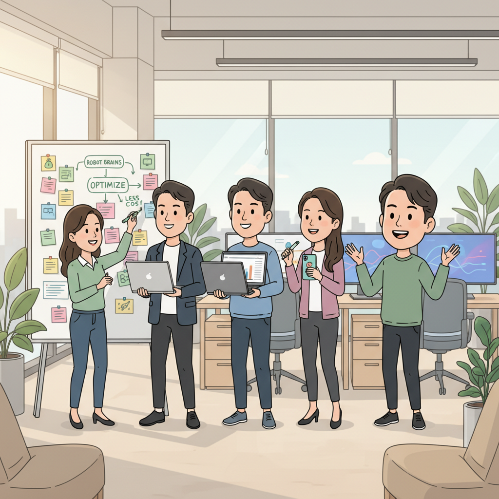 AI 모델 배포 및 비용 최적화 전략에 대해 화이트보드 앞에서 브레인스토밍하는 한국인 팀원들