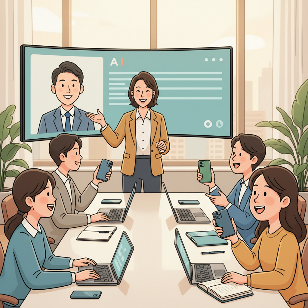 팀 회의 중 HeyGen으로 만든 AI 아바타 영상을 발표하는 한국인 마케터