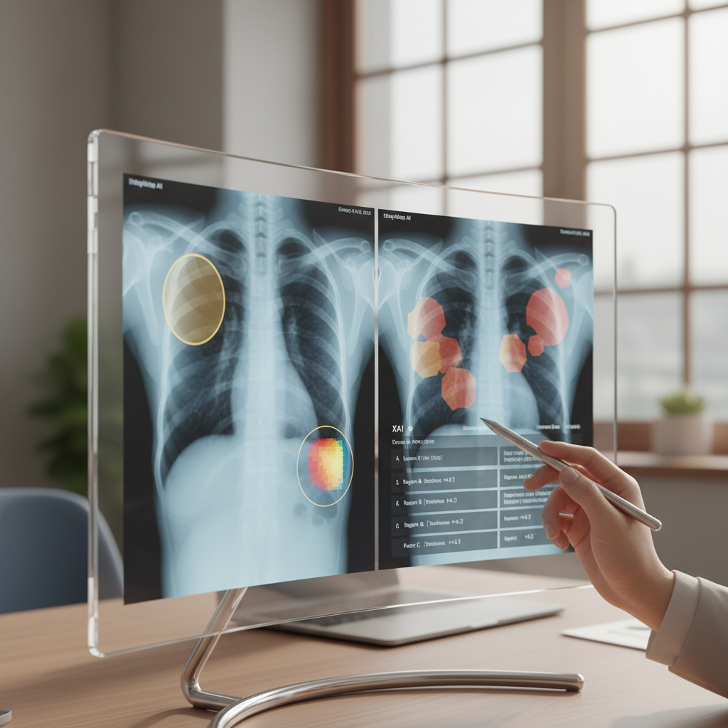의료 진단 AI의 X-ray 분석 결과와 그에 대한 XAI 설명이 함께 표시된 최신 모니터
