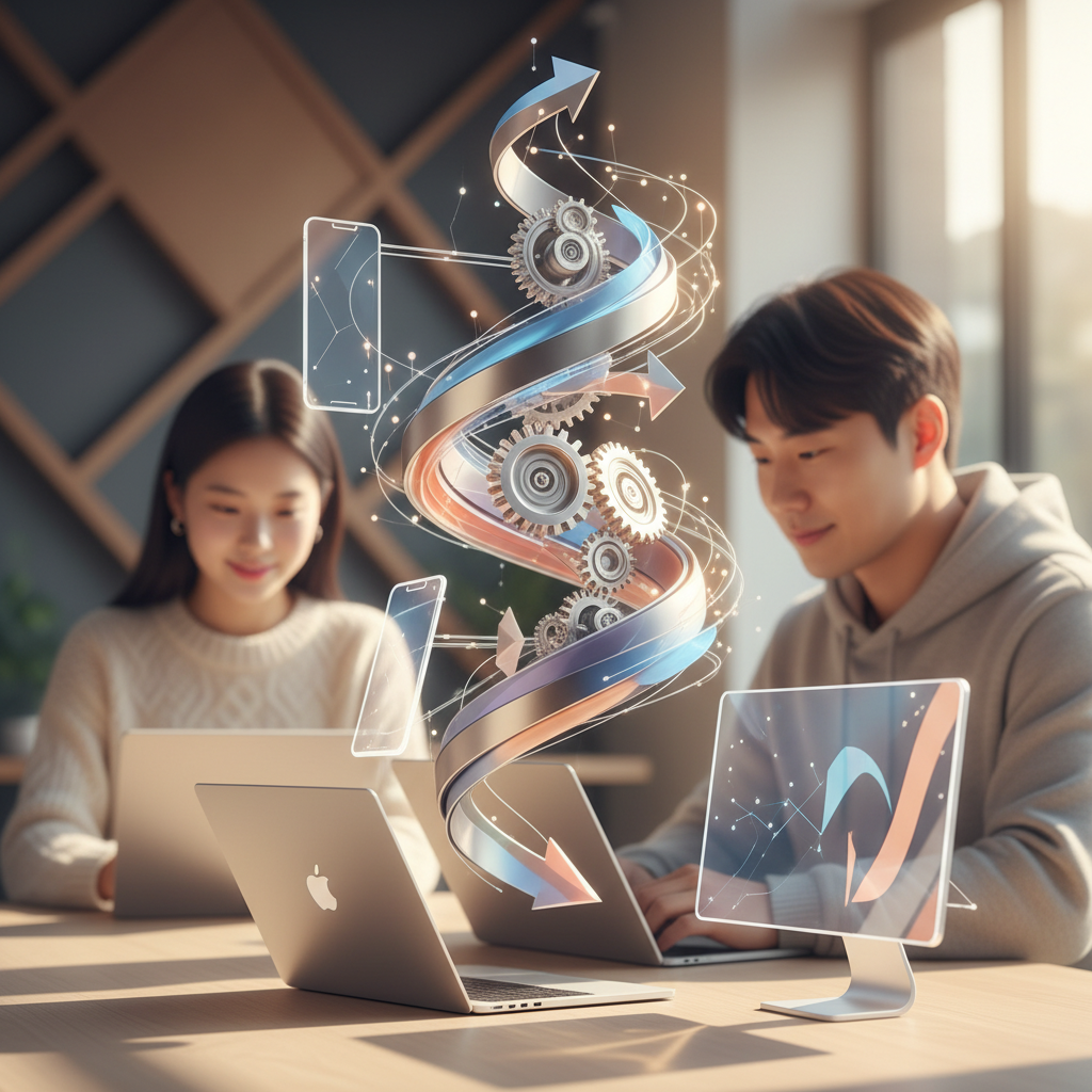 AI 자동화 워크플로우를 상징하는 복잡하게 연결된 기어와 디지털 화살표 추상 이미지