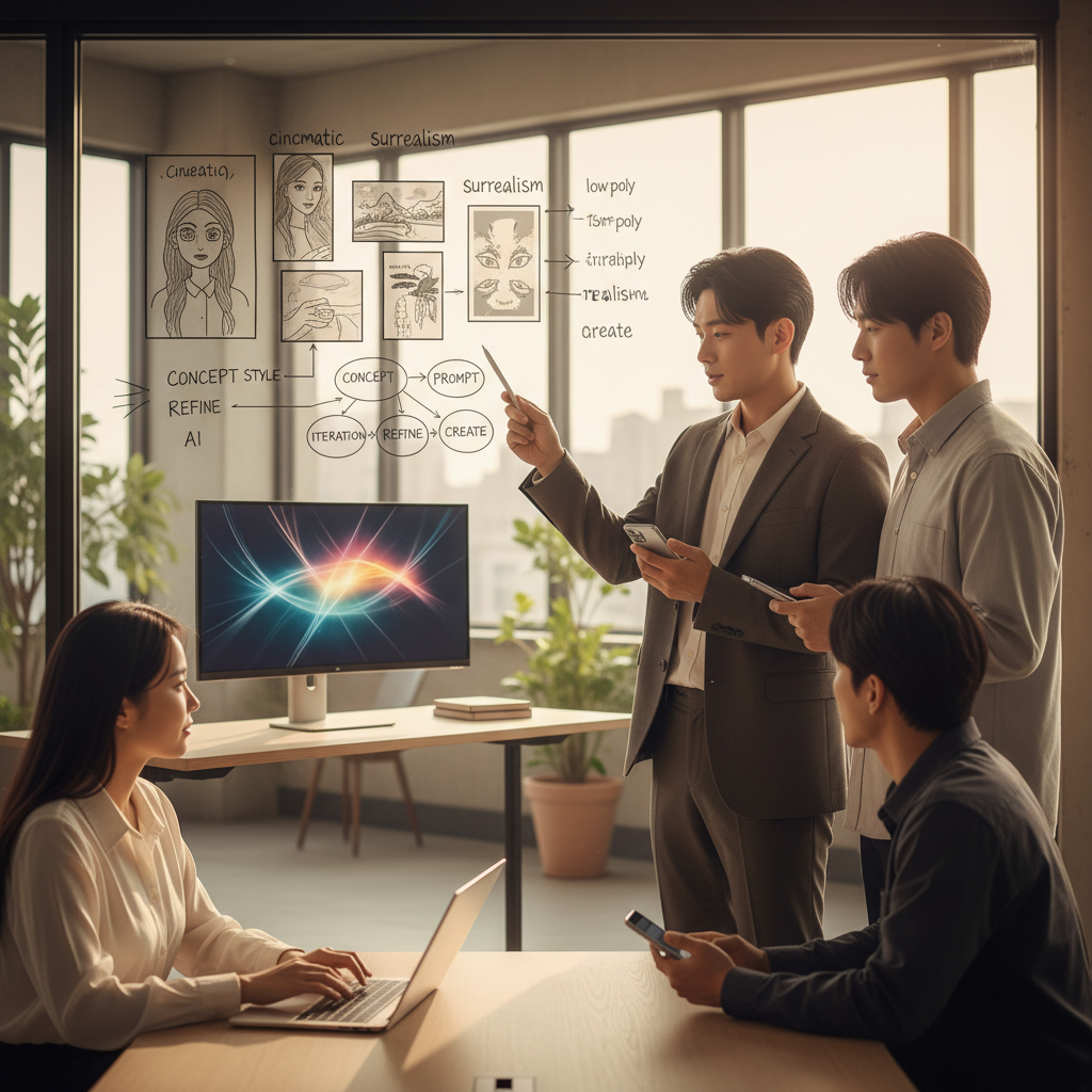 화이트보드 앞에서 AI 이미지 생성 프롬프트 전략을 논의하는 한국인 팀원들