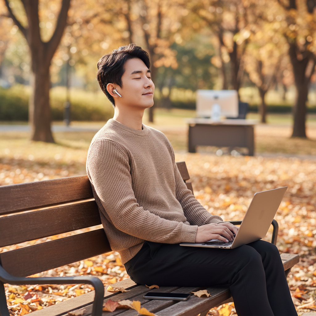 가을 공원에서 AI 생성 오디오북을 감상하는 한국인 남성