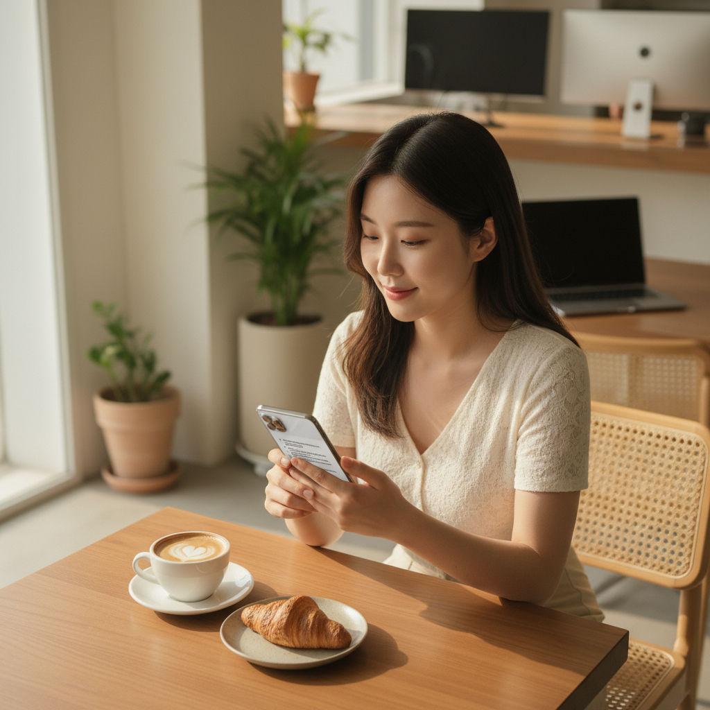 카페에서 AI가 요약한 회의록을 스마트폰으로 확인하는 한국인 1인 사업자