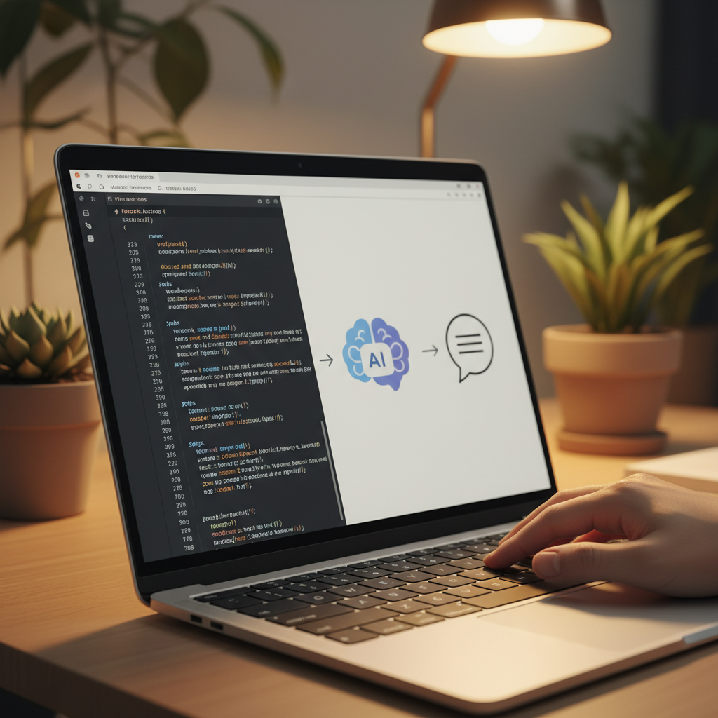 GPT-4와 GitHub Actions 연동 원리를 보여주는 다이어그램과 코드 스니펫이 표시된 최신 노트북 화면 클로즈업