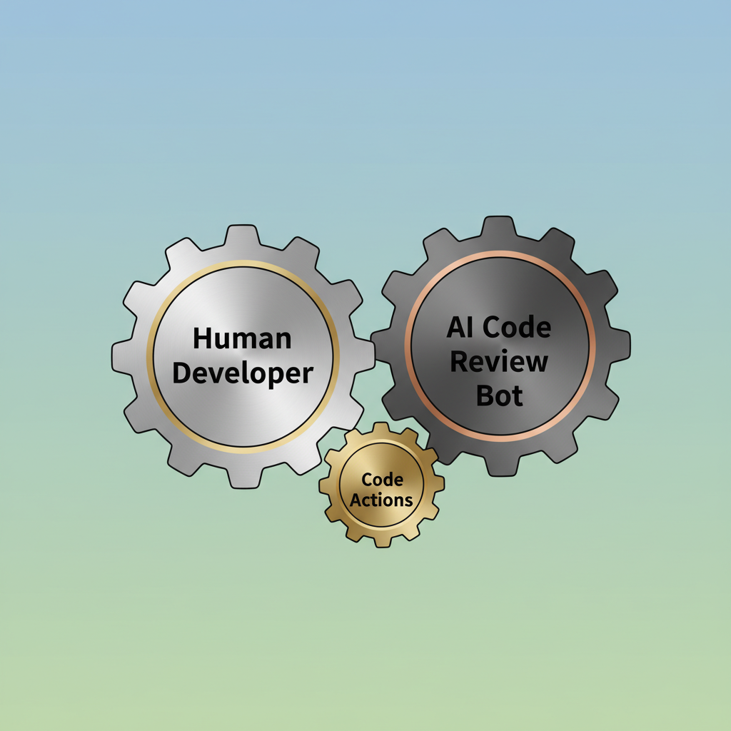 인간 개발자, AI 코드 리뷰 봇, GitHub Actions가 서로 맞물려 작동하는 모습을 상징하는 기어 이미지