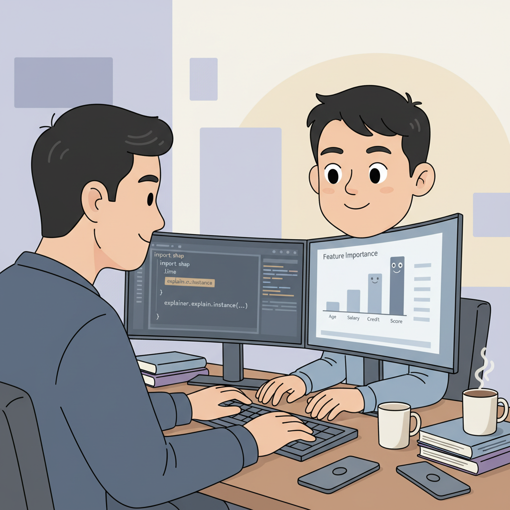 듀얼 모니터로 Python XAI 코드와 시각화 결과를 집중해서 보고 있는 한국인 개발자