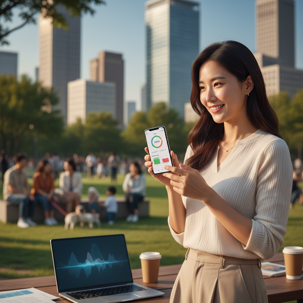 AI 광고 최적화 대시보드를 스마트폰으로 확인하며 미소 짓는 한국인 사업가