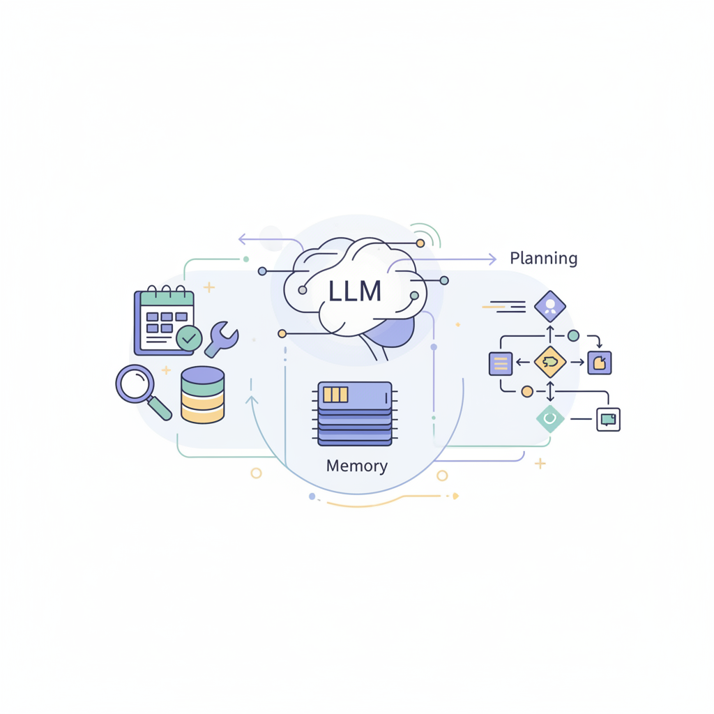 AI 에이전트의 핵심 구성 요소: LLM, 메모리, 플래닝, 툴 사용을 시각화한 인포그래픽