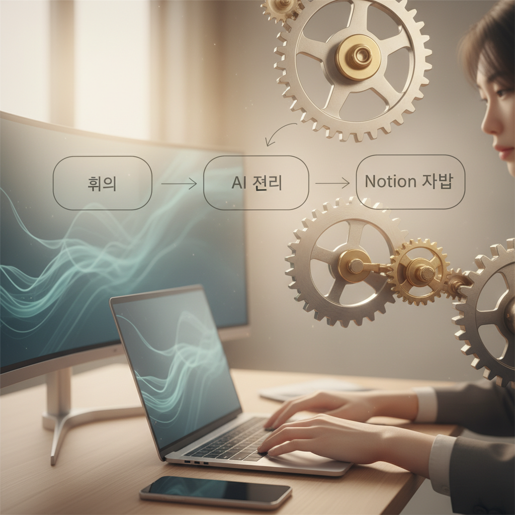 자동화된 워크플로우를 상징하는 정교하게 맞물린 기어 이미지, AI 회의록 시스템의 효율성 표현