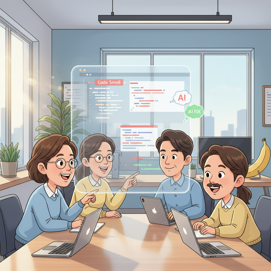 AI 코드 스멜 감지 결과를 보며 협업하는 한국인 개발팀의 모습, 코드 품질 개선 논의