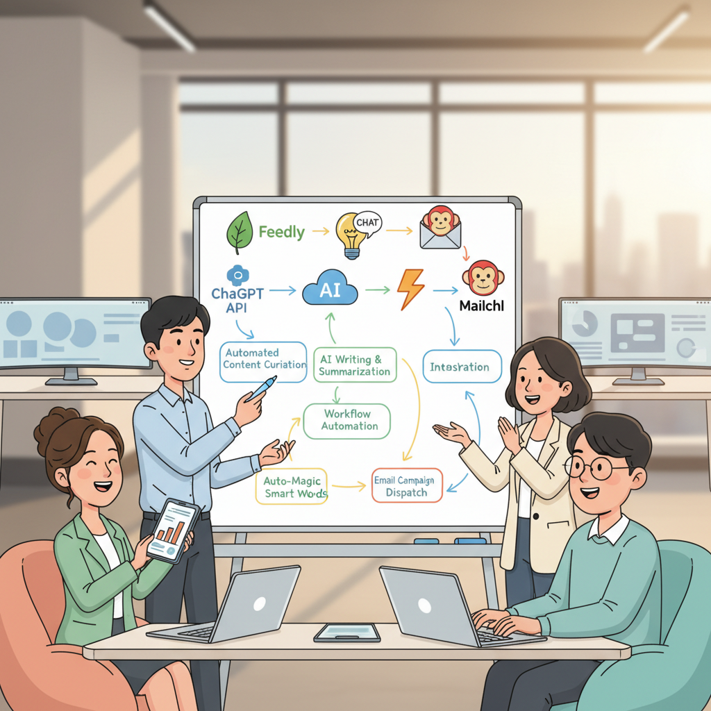 AI 기반 뉴스레터 자동화 워크플로우를 설명하는 화이트보드 다이어그램 앞에서 협업하는 한국인 팀