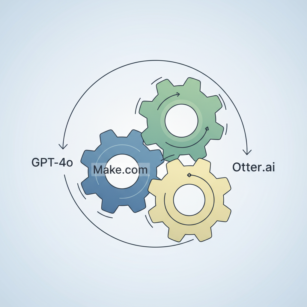 GPT-4o, Make.com, Otter.ai 로고가 새겨진 세 개의 디지털 기어가 연결된 추상적인 이미지