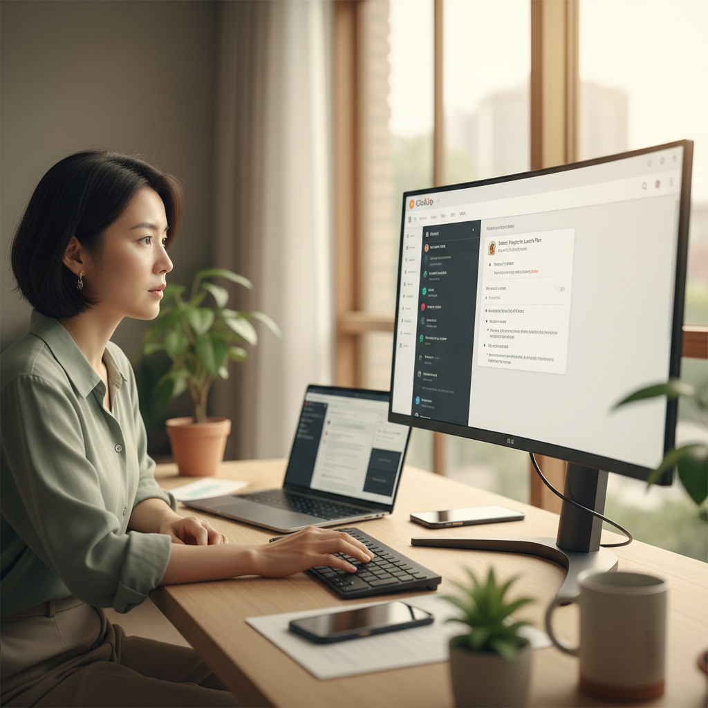 ClickUp AI를 활용해 이메일 초안을 작성하며 프로젝트를 관리하는 한국인 프로젝트 매니저의 집중된 모습
