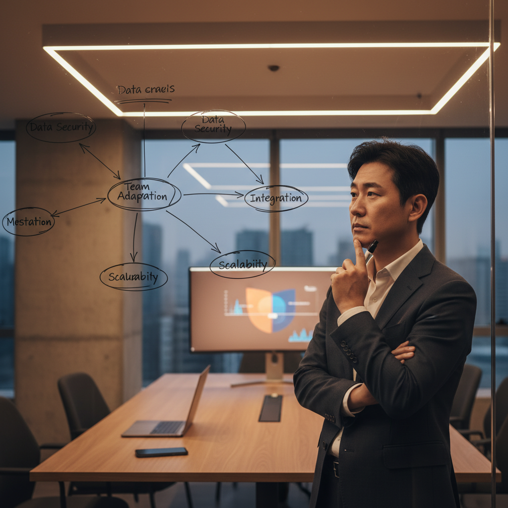 AI 프로젝트 관리 도구 도입 시 데이터 보안 및 통합 문제를 고민하는 한국인 비즈니스 리더