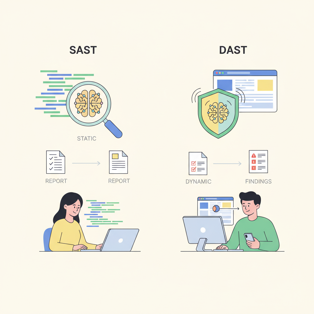 AI 기능을 통합한 SAST (정적 분석) 및 DAST (동적 분석) 보안 테스트 프로세스 다이어그램