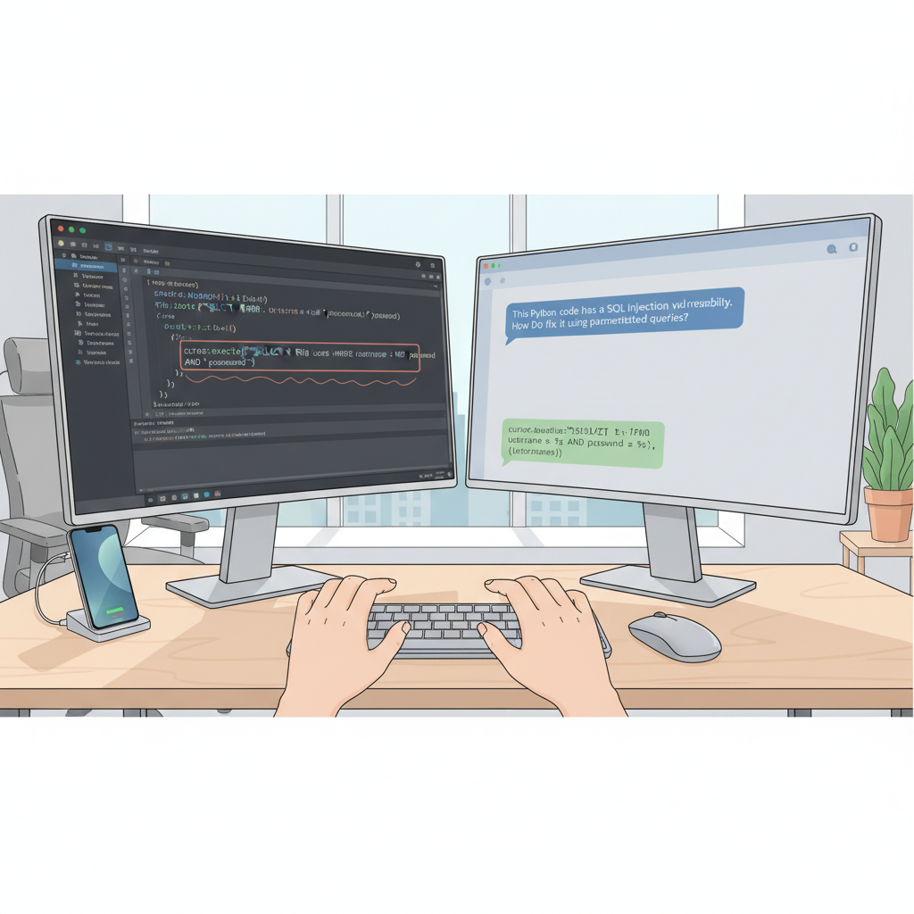 SQL Injection 취약점을 발견한 코드와 LLM (대규모 언어 모델)이 제안한 수정 코드를 보여주는 개발자 화면