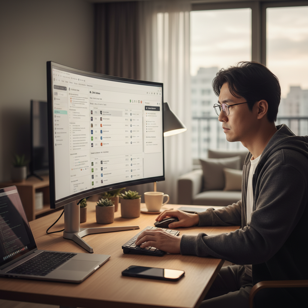 한국인 개발자가 최신 모니터에서 Jira Software의 AI 기능을 활용하여 개발 이슈를 관리하는 모습